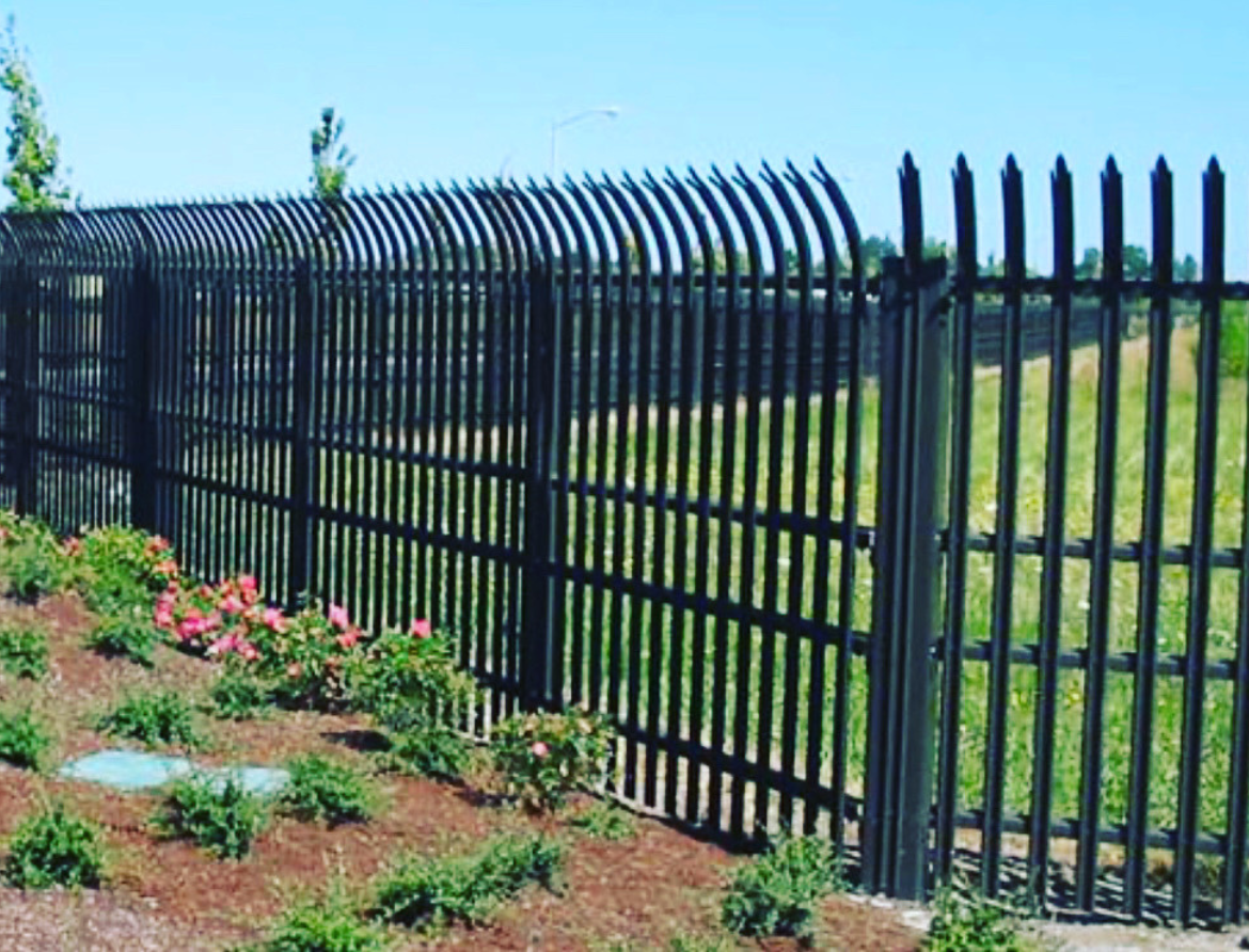 An elegant black aluminum fence, gracefully lining the perimeter of a backyard, creates a striking contrast with the verdant green grass. The fence encloses a stunning garden, bursting with a variety of colorful flowers that add vibrancy and life to the scene. Above, the sky is a rich shade of blue, providing a serene backdrop and enhancing the overall beauty and peacefulness of the outdoor space.
